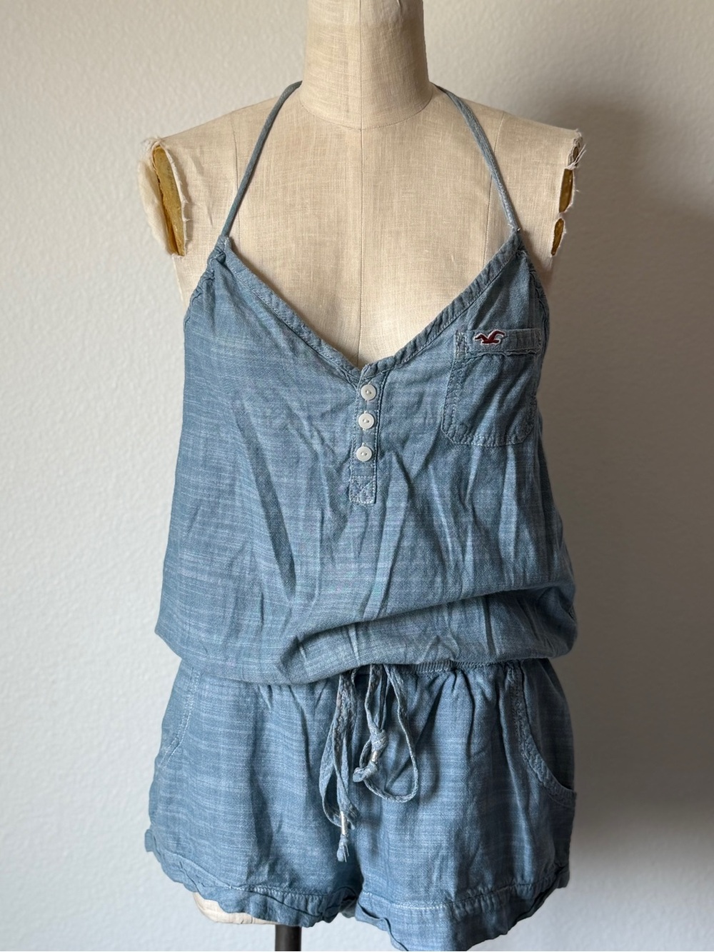 Hollister Light Blue Denim-Look Halter Romper
